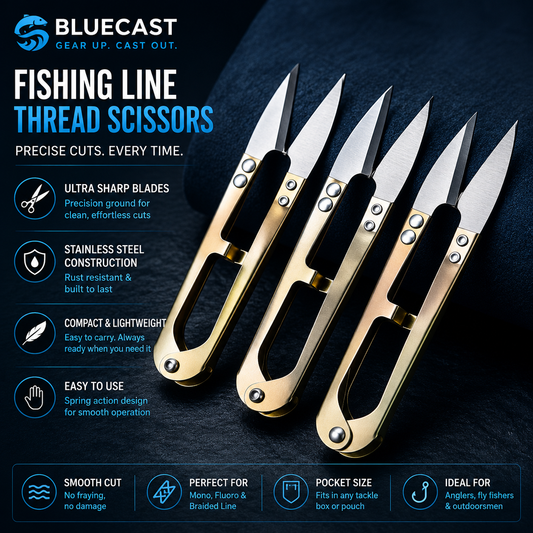 Four Bluecast fishing line thread scissors with gold-toned metal bodies and black handles are arranged diagonally on a dark textured background. The image includes marketing text and feature icons highlighting the product's sharpness, stainless steel construction, compact size, and ease of use.